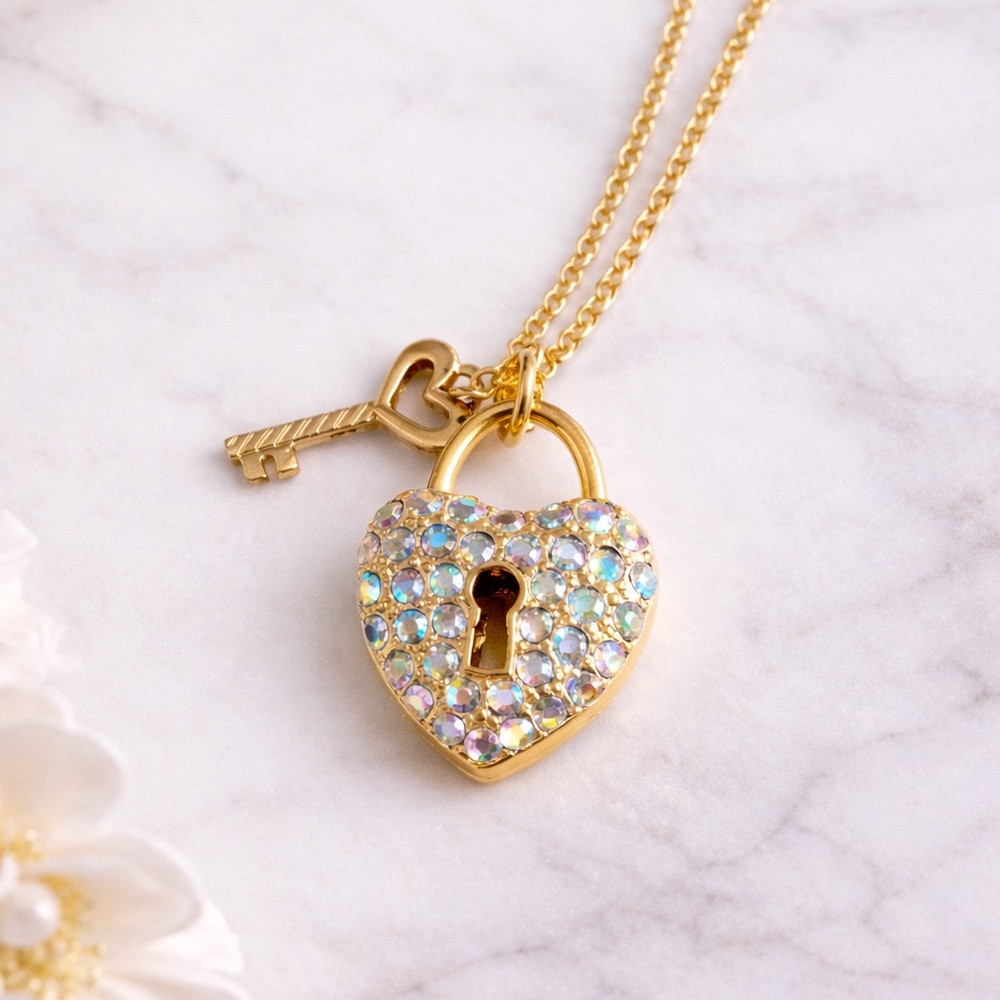 Sparkling Heart Lock & Key Necklace Gold Tone New Valentine's day Jewelry
